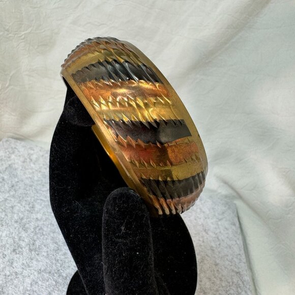 Vintage 70's Brass & Copper Bangle Bracelet With Textured Design Retro - Picture 3 of 9